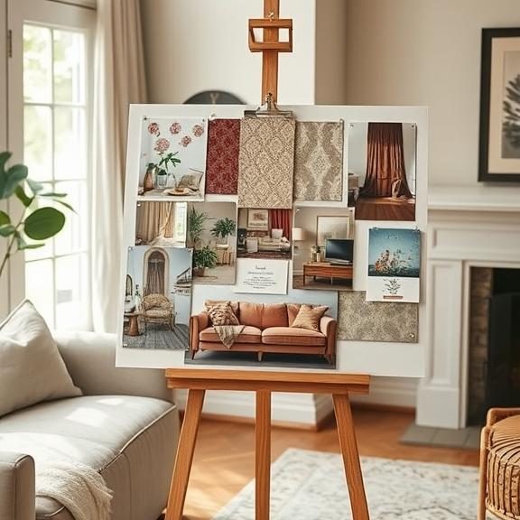 Windowart Interiors - Mood board Interior design mood board on an easel within a living room,