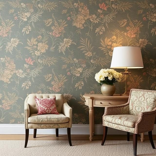 Windowart Interiors - Example of Interior Design Two arm chairs with a floral wallpaper, table with a lamp and a vase with flowers. Classic but elegant interior design