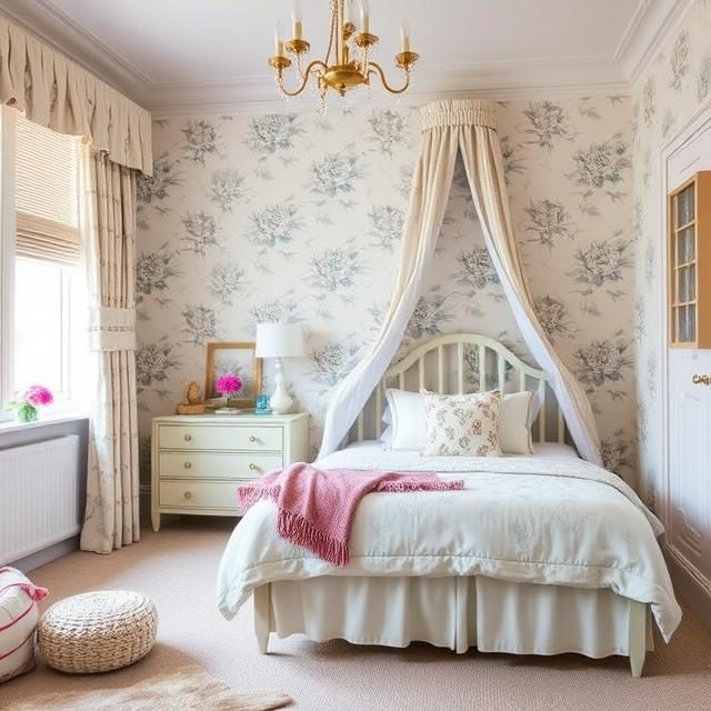 Windowart Interios - example of bedroom interior design Bedroom scene with soft furnishings, floral wall paper, blinds and curtains. Interior design.