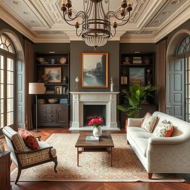 Windowart Interiors - Example of a living room interior design Vintage looking living room, fireplace, cove cupboards, armchair and sofa, with soft furnishings. Interior Design